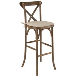 Coquette Wooden Modern Farmhouse Cross Back Bar Stool with Dark Antique Finish and Beige Cushion