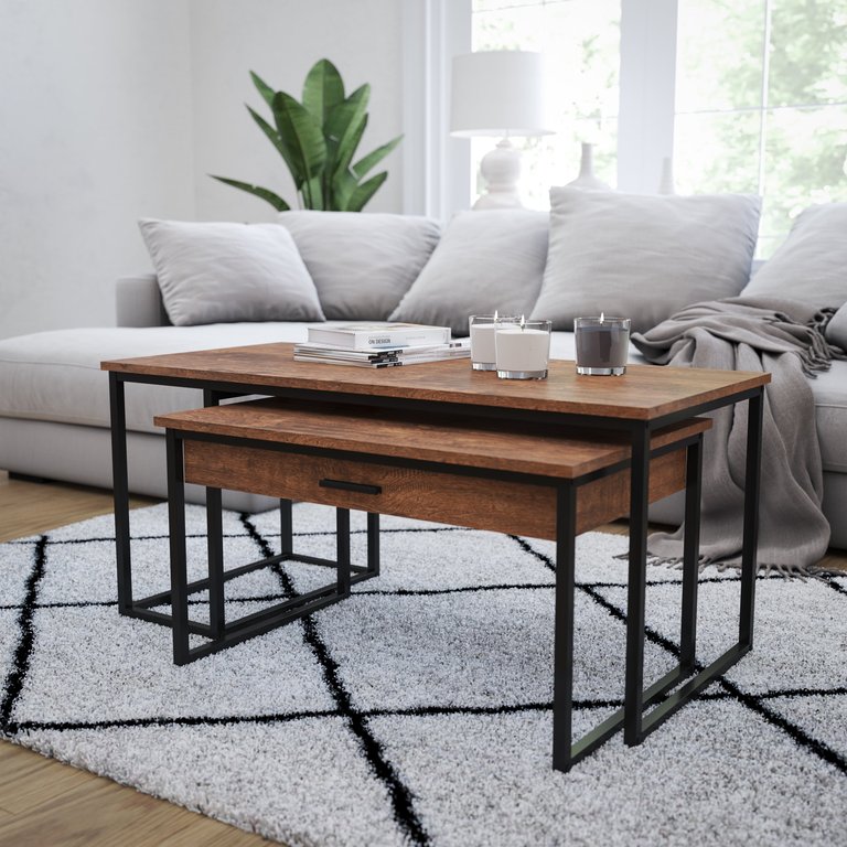 Corsica Coffee Table 2 Piece Walnut Wood Grain Surface Black Metal Frame Nesting Coffee Table With Storage