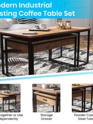 Corsica Coffee Table 2 Piece Walnut Wood Grain Surface Black Metal Frame Nesting Coffee Table With Storage