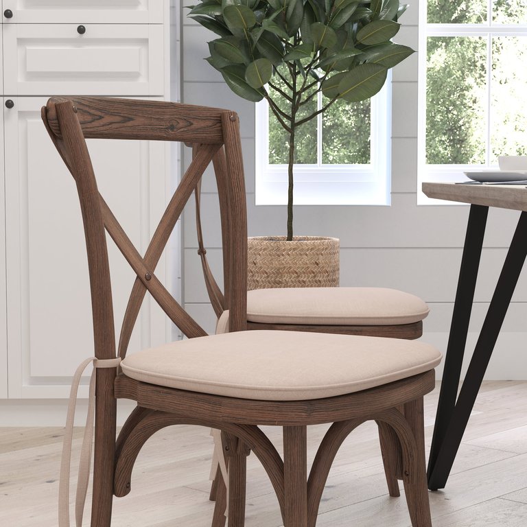 Davisburg Stackable Wooden Cross Back Bistro Dining Chair With Cushion In Pecan Finish