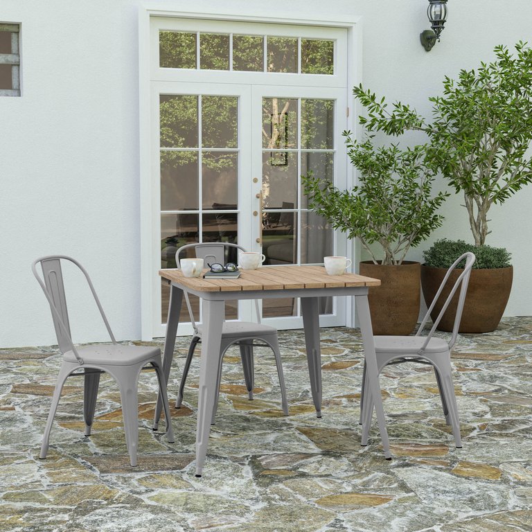 Dryden Indoor/Outdoor Dining Table, 31.5" Square All Weather Poly Resin Top With Steel Base - Brown/Silver