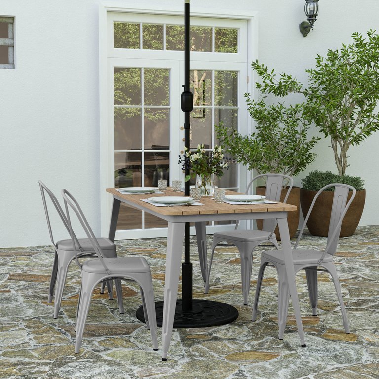 Dryden Indoor/Outdoor Dining Table With Umbrella Hole, 30" x 60" All Weather Poly Resin Top And Steel Base - Brown/Silver