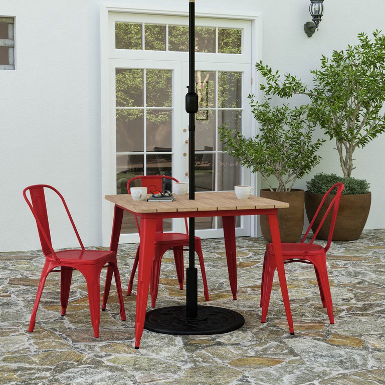 Dryden Indoor/Outdoor Dining Table With Umbrella Hole, 36" Square All Weather Poly Resin Top And Steel Base - Brown/Red