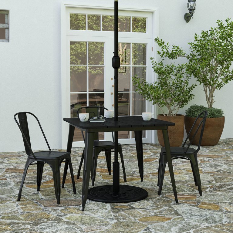 Dryden Indoor/Outdoor Dining Table With Umbrella Hole, 36" Square All Weather Poly Resin Top And Steel Base - Black