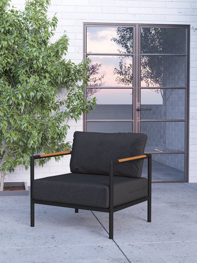 Merrick Lane Eastport Outdoor Accent Chair with Removable Charcoal Fabric Cushions and Black Teak Accented Aluminum Frame product