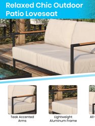 Eastport Outdoor Loveseat with Removable Beige Fabric Cushions and Black Teak Accented Aluminum Frame