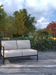 Eastport Outdoor Loveseat with Removable Beige Fabric Cushions and Black Teak Accented Aluminum Frame - Beige