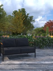 Eastport Outdoor Loveseat with Removable Charcoal Fabric Cushions and Black Teak Accented Aluminum Frame - Charcoal