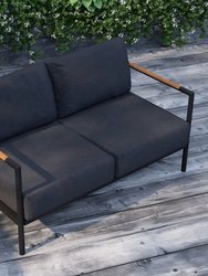 Eastport Outdoor Loveseat with Removable Charcoal Fabric Cushions and Black Teak Accented Aluminum Frame