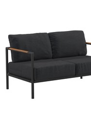 Eastport Outdoor Loveseat with Removable Charcoal Fabric Cushions and Black Teak Accented Aluminum Frame