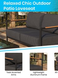 Eastport Outdoor Loveseat with Removable Charcoal Fabric Cushions and Black Teak Accented Aluminum Frame