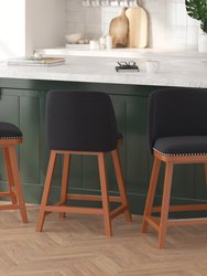 Ellie Set Of 2 Charcoal Faux Linen Upholstered 24" Counter Stools With Nail Head Accent Trim And Walnut Wood Frames - Charcoal