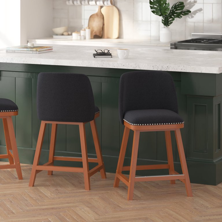 Ellie Set Of 2 Charcoal Faux Linen Upholstered 24" Counter Stools With Nail Head Accent Trim And Walnut Wood Frames - Charcoal