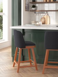 Ellie Set Of 2 Charcoal Faux Linen Upholstered 24" Counter Stools With Nail Head Accent Trim And Walnut Wood Frames