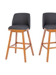 Ellie Set Of 2 Charcoal Faux Linen Upholstered 30" Bar Stools with Nail Head Accent Trim And Walnut Wood Frames