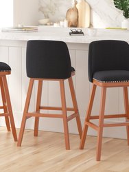 Ellie Set Of 2 Charcoal Faux Linen Upholstered 30" Bar Stools with Nail Head Accent Trim And Walnut Wood Frames - Charcoal