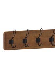 Enid 24 Inch Wall Mount Classic Brown Pine Wood Storage Rack with 5 Hooks, Entryway, Kitchen, Bathroom