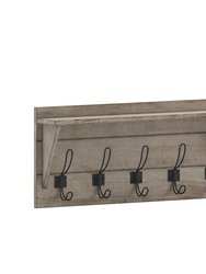 Enid 24 Inch Wall Mount Whitewashed Pine Wood Storage Rack with 5 Hooks, Entryway, Kitchen, Bathroom