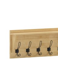 Enid Bamboo Finish Pine Wood 24 Inch Wall Mount Storage Rack with 5 Hooks and Upper Display Shelf