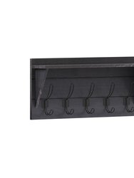 Enid Black Wash Pine Wood 24 Inch Wall Mount Storage Rack With Hanging Hooks And Upper Display Shelf