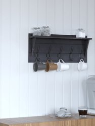 Enid Black Wash Pine Wood 24 Inch Wall Mount Storage Rack With Hanging Hooks And Upper Display Shelf