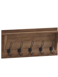 Enid Weathered Pine Wood 24 Inch Wall Mount Storage Rack With 5 Hooks And Upper Display Shelf