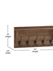 Enid Weathered Pine Wood 24 Inch Wall Mount Storage Rack With 5 Hooks And Upper Display Shelf