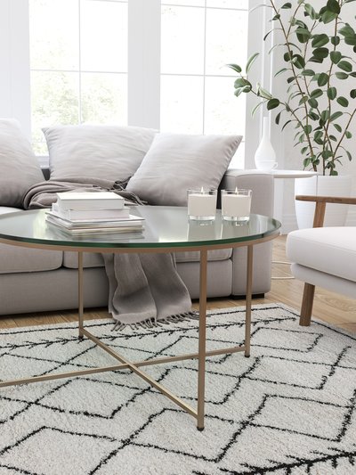 Merrick Lane Fairdale Glass Coffee Table with Round Brushed Gold Cross Brace Frame product