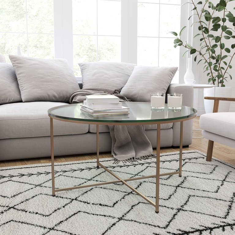 Fairdale Glass Coffee Table with Round Brushed Gold Cross Brace Frame - Clear