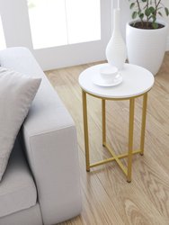 Fairdale White End Table with Round Brushed Gold Cross Brace Frame