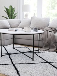 Fairdale White Marble Finish Coffee Table with Round Matte Black Cross Brace Frame