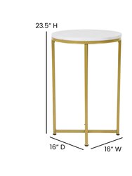 Fairdale White Marble Finish End Table with Round Brushed Gold Cross Brace Frame