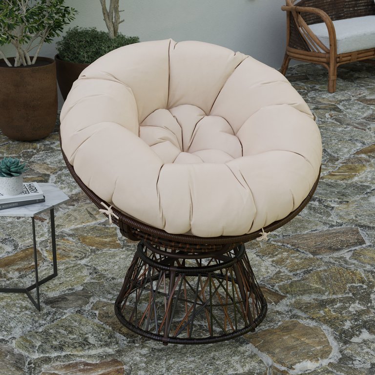 Foley Papasan Style Woven Wicker Swivel Patio Chair In Brown With Removable All-Weather Beige Cushion