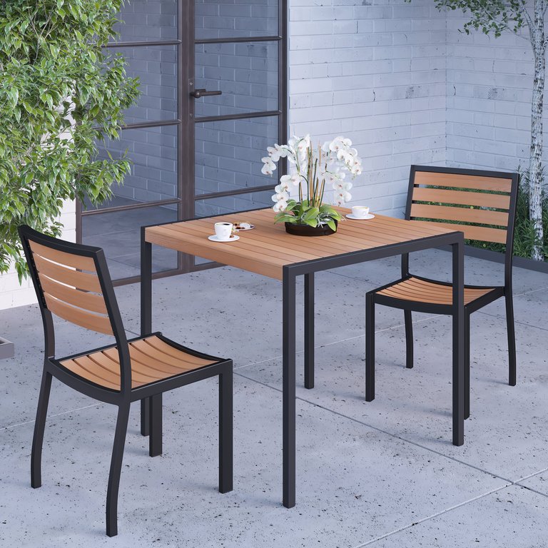 Forrest Three Piece Faux Teak Patio Dining Set for Indoor and Outdoor Use - 35" Square Table and Two Armless Stacking Club Chairs