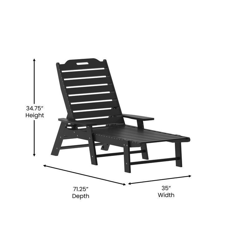 Gaylord Adjustable Adirondack Lounger With Cup Holder- All-Weather Indoor/Outdoor HDPE Lounge Chair In Black