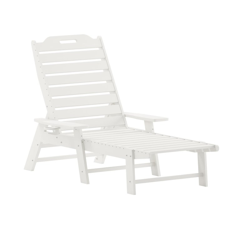 Gaylord Adjustable Adirondack Lounger With Cup Holder- All-Weather Indoor/Outdoor HDPE Lounge Chair - White