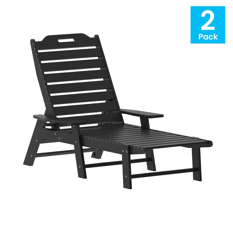 Gaylord Set Of 2 Adjustable Adirondack Loungers With Cup Holders- All-Weather Indoor/Outdoor HDPE Lounge Chairs In Black - Black