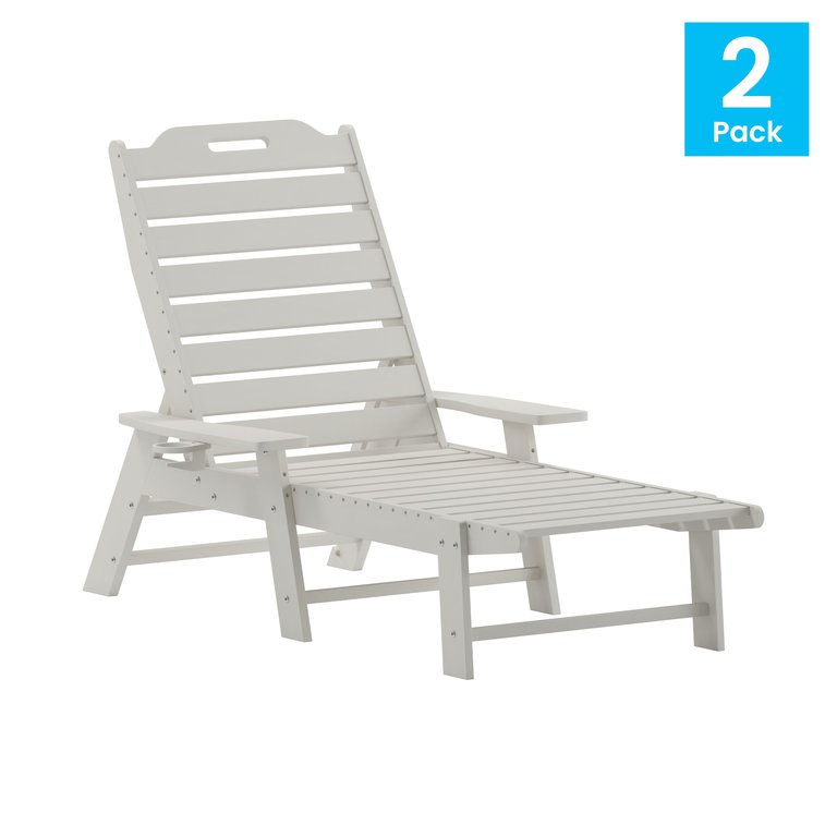 Gaylord Set Of 2 Adjustable Adirondack Loungers With Cup Holders- All-Weather Indoor/Outdoor HDPE Lounge Chairs In White - White
