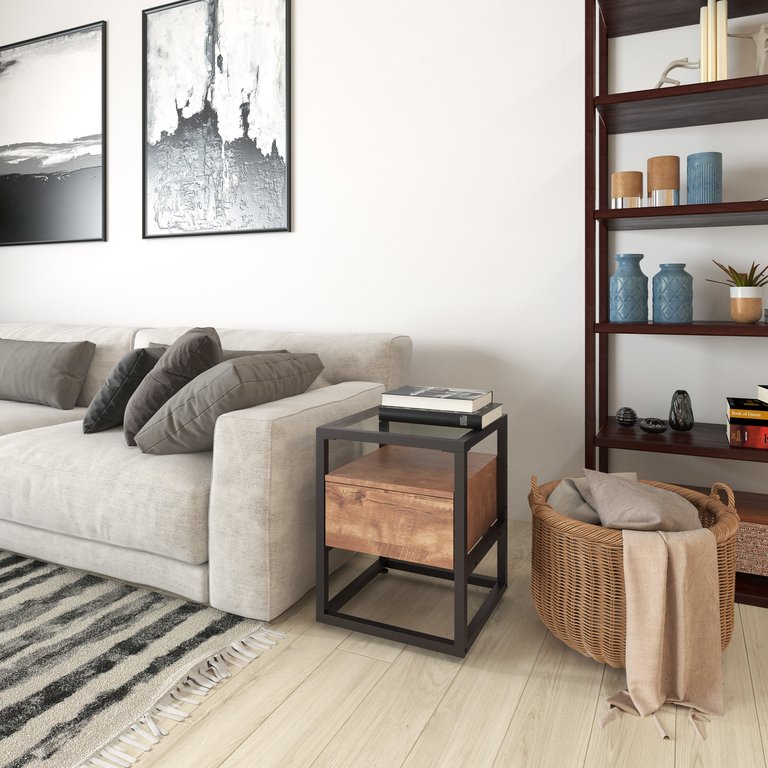 Glass End Table with Drawer and Shelf in Rustic Wood Grain Finish