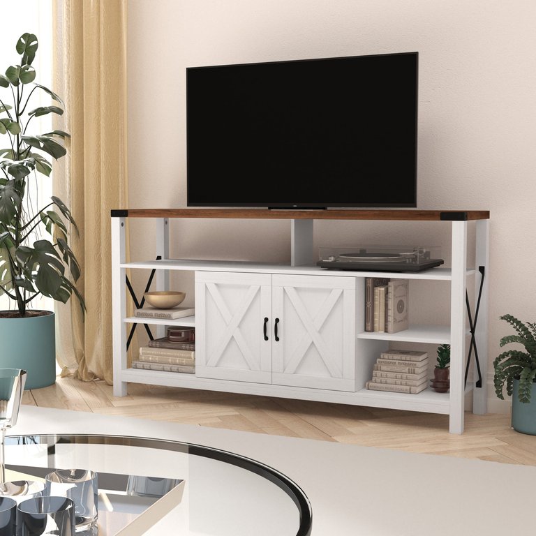 Green River 60" Media Console In White With Rustic Oak Top For 55+ Inch TV's With Open And Closed Storage - White