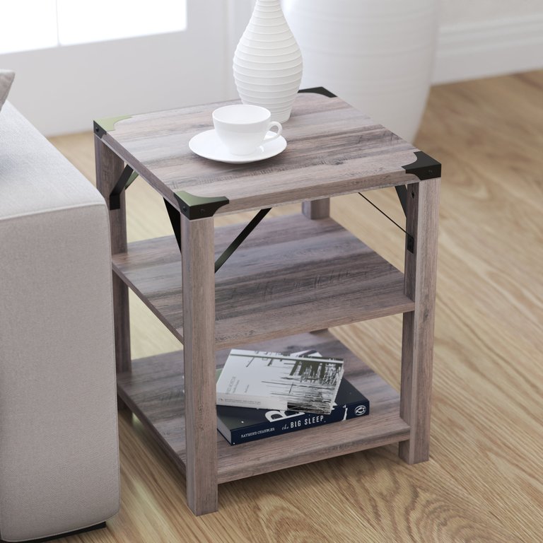 Green River Modern Farmhouse Engineered Wood End Table With Two Tiered Shelving And Powder Coated Steel Accents In Gray Wash