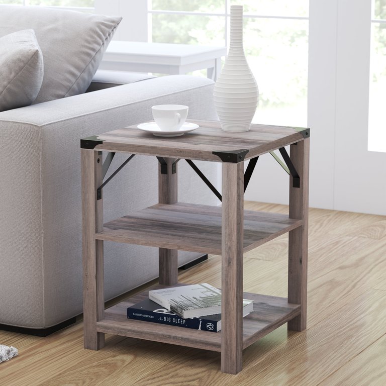 Green River Modern Farmhouse Engineered Wood End Table With Two Tiered Shelving And Powder Coated Steel Accents In Gray Wash - Gray Wash