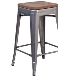 Hamburg 24 Inch Tall Clear Coated Gray Metal Bar Counter Stool With Textured Walnut Elm Wood Seat