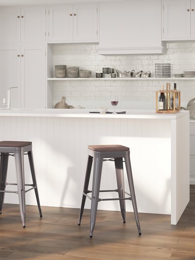 Merrick Lane Hamburg 30 Inch Tall Clear Coated Gray Metal Bar Counter Stool With Textured Walnut Elm Wood Seat product