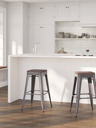 Hamburg 30 Inch Tall Clear Coated Gray Metal Bar Counter Stool With Textured Walnut Elm Wood Seat - Grey
