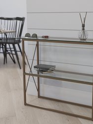 Harlowe Console Table Modern Clear Glass Sofa Table with Gold Crisscross Frame and 2 Tempered Glass Shelves
