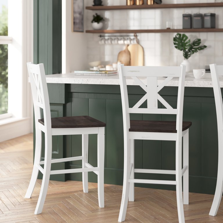 Imelda Set Of Two Solid Wood Modern Farmhouse Counter Height Dining Stool In Antique White Wash Finish