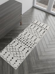 Ivory Bohemian Low Pile Rug with Black Geometric Design