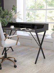 Jordi Desk Contemporary Black Office Computer Writing Desk With Top Shelf and Center Storage Compartments