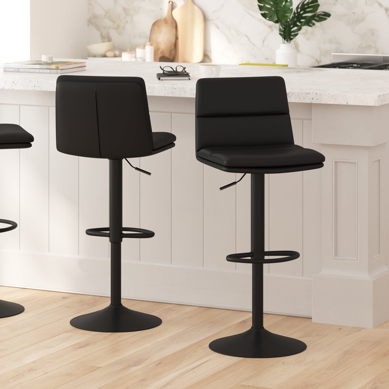 Keene Set Of 2 Modern Faux Leather Upholstered Adjustable Height Bar Stools With Sturdy Iron Bases In Black - Black